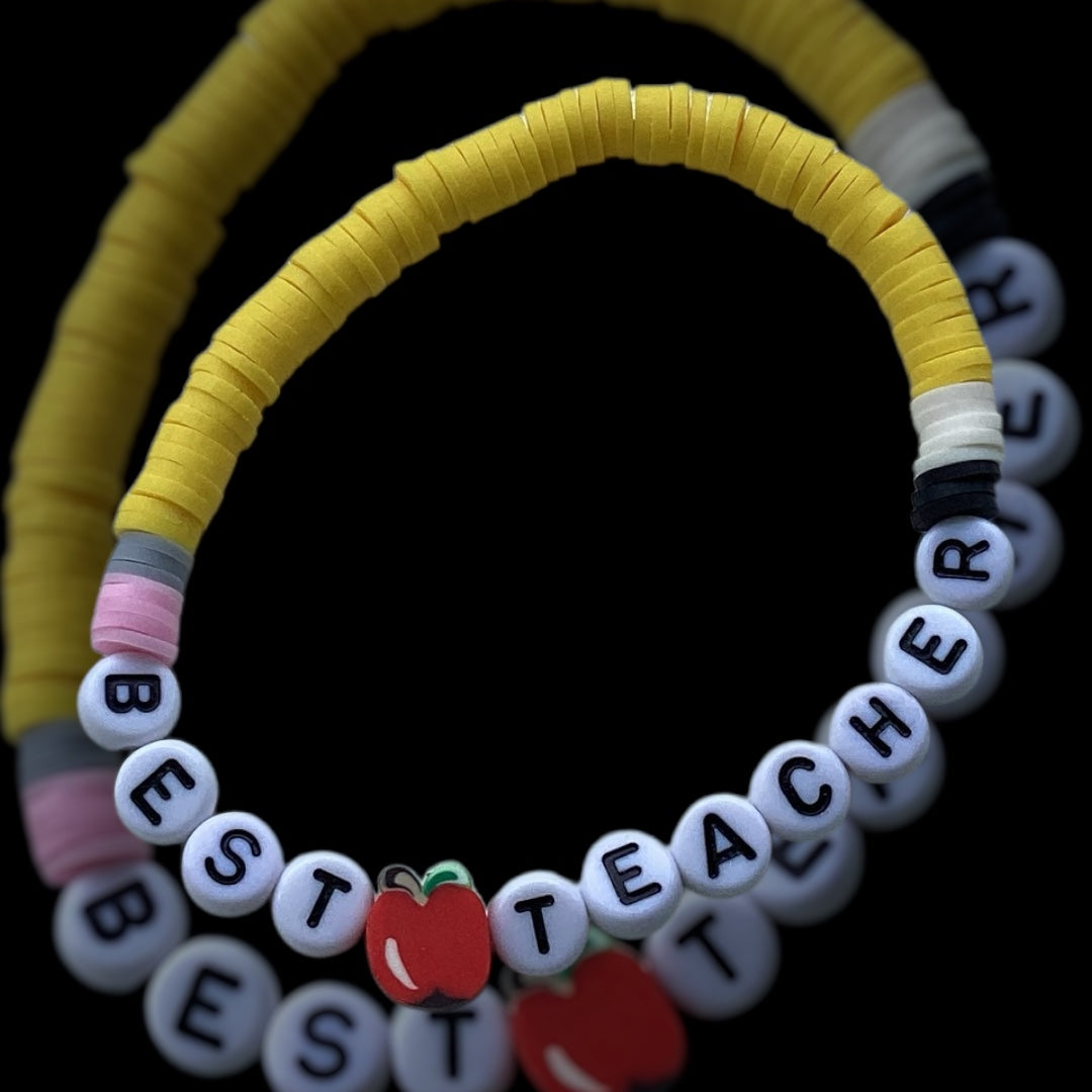 Best Teacher bracelet with colourful clay beads and white letter beads”
“Handmade bracelet gift for teacher with BEST TEACHER message”
“Polymer clay teacher bracelet with pencil-style colours”