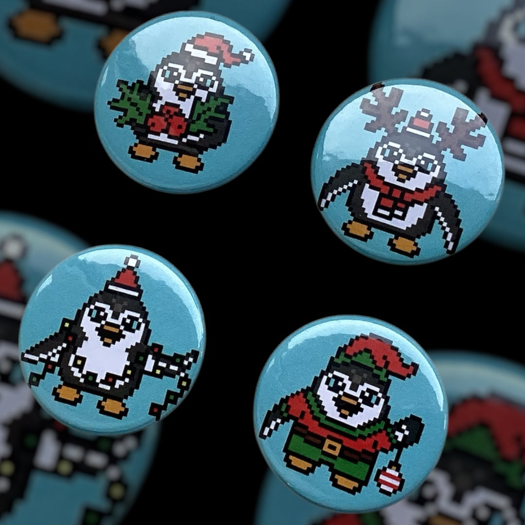 PIXEL BADGES - SET OF FESTIVE PENGUINS