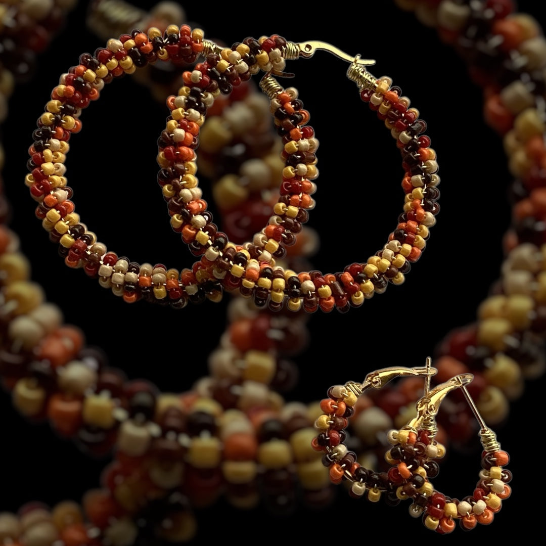 Autumn Vibes Beaded Hoop Statement Earrings - Brown