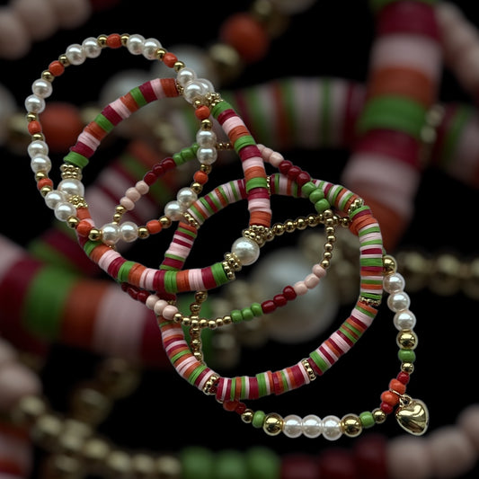 Golden Peach bracelet stack – peach, blush and gold handmade beaded set

3-piece peach and gold stretch bracelet set – handmade in the UK

Polymer clay and gold tone beads in soft pastel stack – Golden Peach bracelet

Boho bracelet stack in warm summer tones – peach and metallic mix

Peach and cream bracelet trio with gold accents – UK handmade jewellery